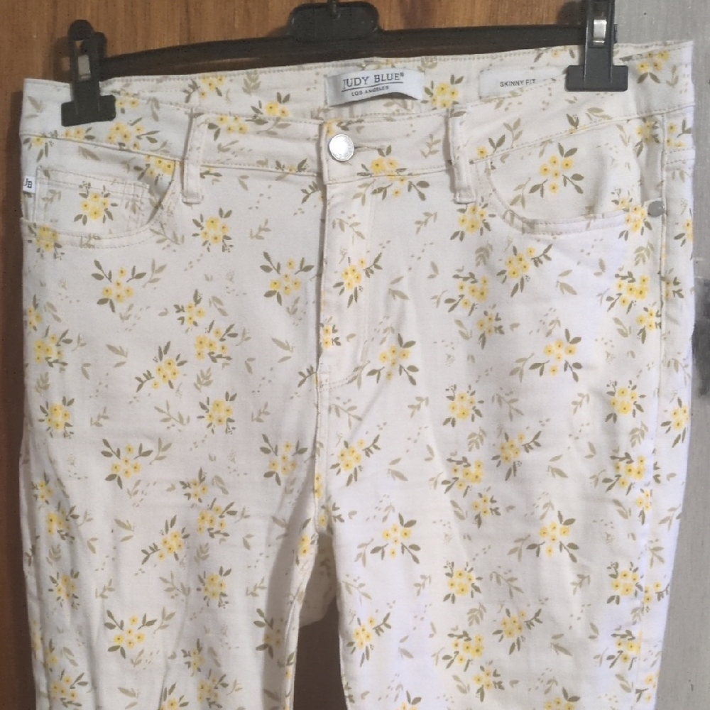 Judy Blue White Jeans with Yellow Floral Design
